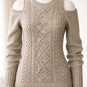 BCBGMaxAzria Gold sparkle cut out Shoulder Cable Knit Sweater - Gold
